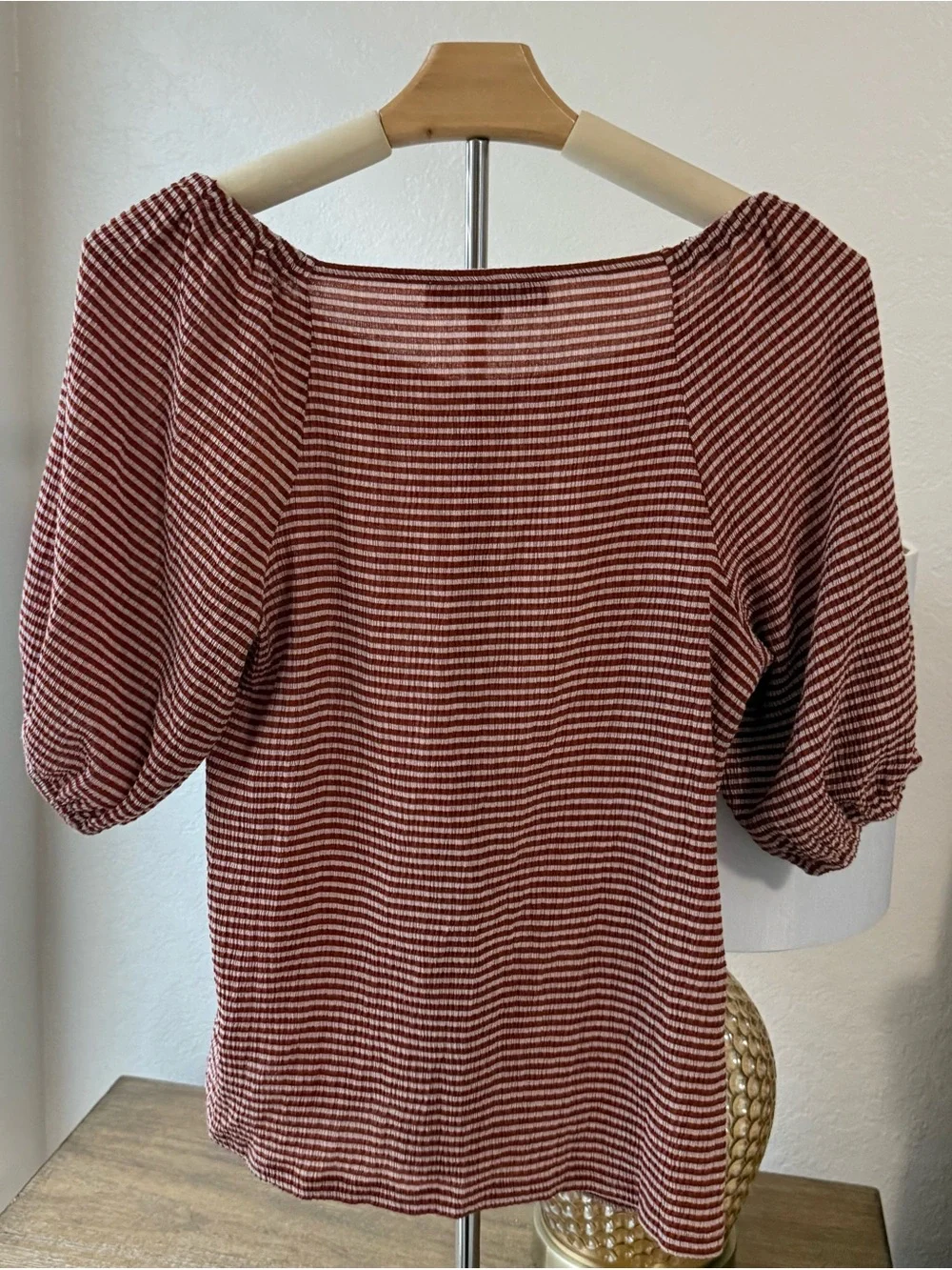 LOFT Rust and White Striped Puff-Sleeve Blouse